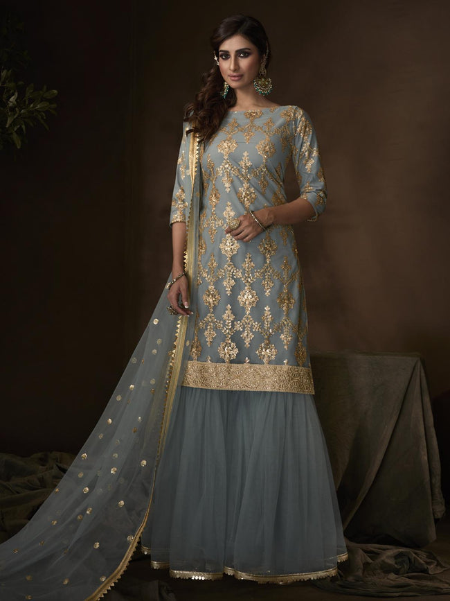 Sky Blue Sharara Suit with Net Top – Study by Janak