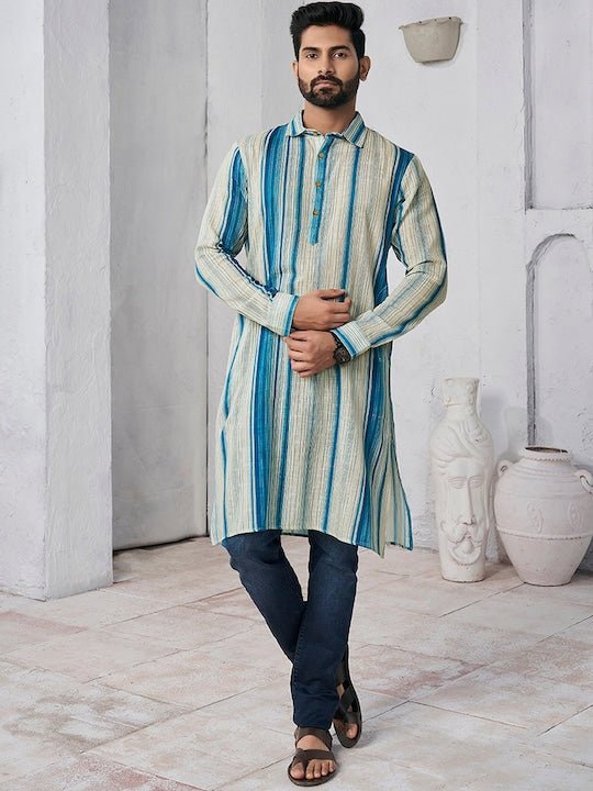 Women Blue & White Striped Pure Cotton Kurta–