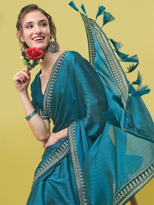 Teal-Blue Baluchari Silk Handloom Saree with Exquisite Zari Work | Exotic  India Art