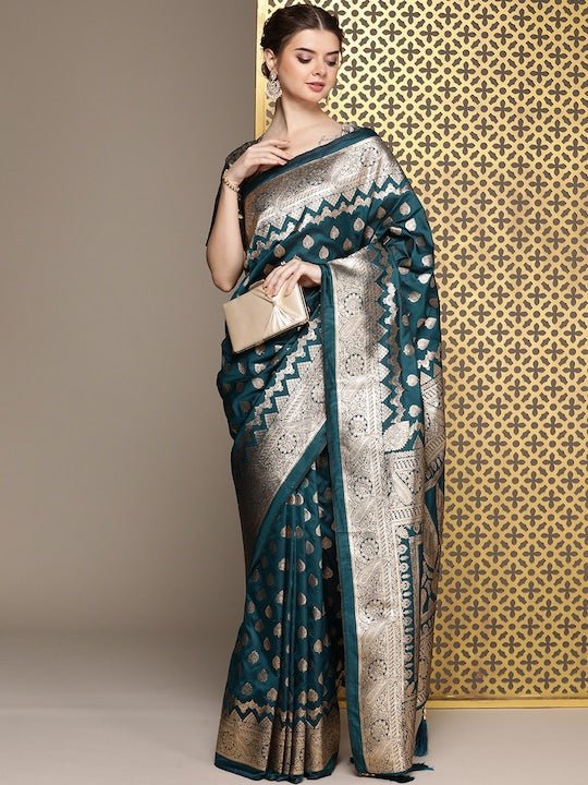 Handloom Ochre Mustard and Navy Blue Pure Silk Saree