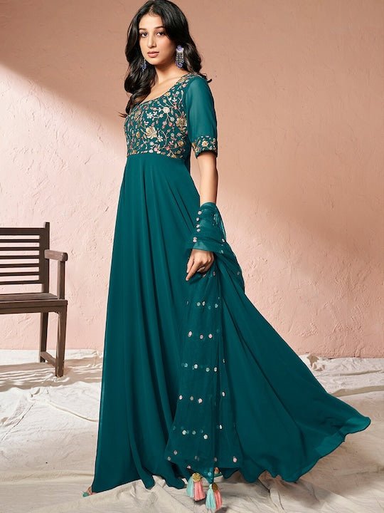 Buy Teal color Net gown style Indian wedding anarkali in UK, USA and Canada