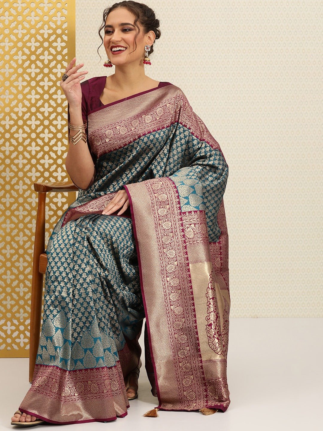 Golden Yellow & Gold-Coloured Ethnic Motifs Woven Design Silk Blend Ba –  paanericlothing