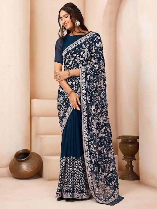 Light Blue Saree: Embroidered Net | Lashkaraa