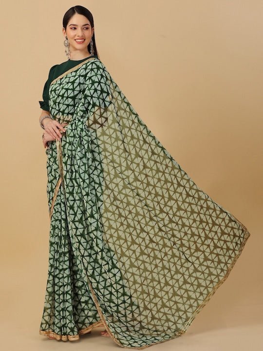 Green square print casual wear chiffon saree with blouse piece | Kiran's  Boutique