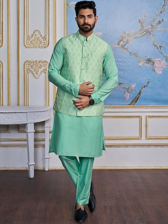 Embroidered Cotton Nehru Jacket in Sea Green : MNK350