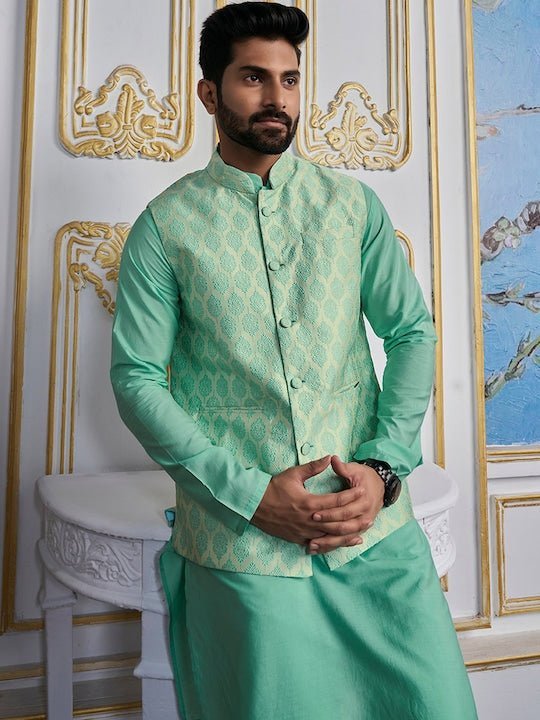 Dark Green Color Banarasi Silk Fabric Beauteous Kurta Pyjama With Sea Green  Jacket