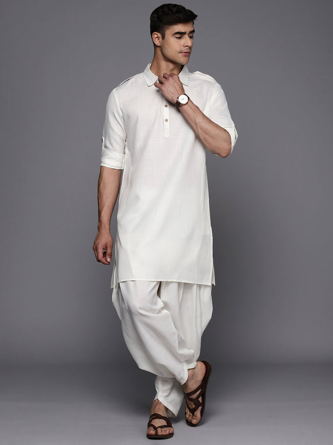 White Solid Linen Blend Pathani Kurta with Pyjamas Inddus.in