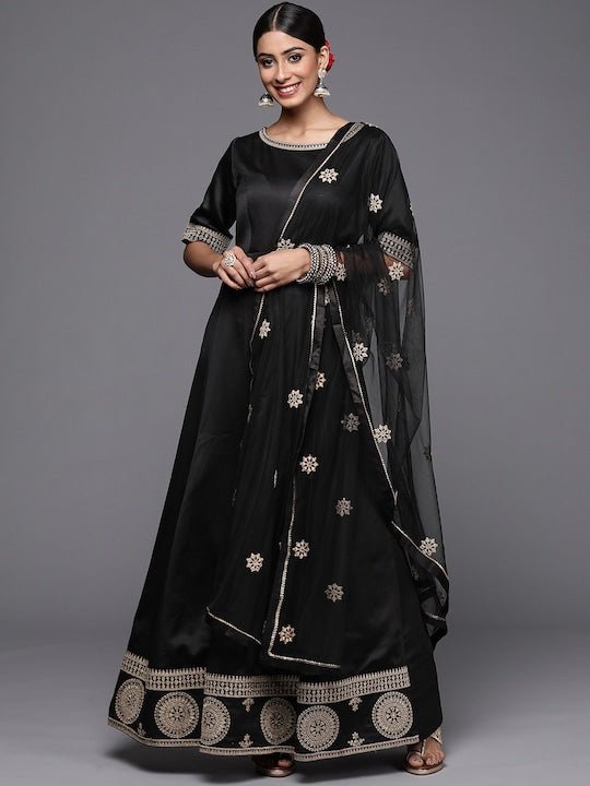 Women Black & Gold-Toned Ethnic Motifs Embroidered Satin Anarkali Kurt–  Inddus.in