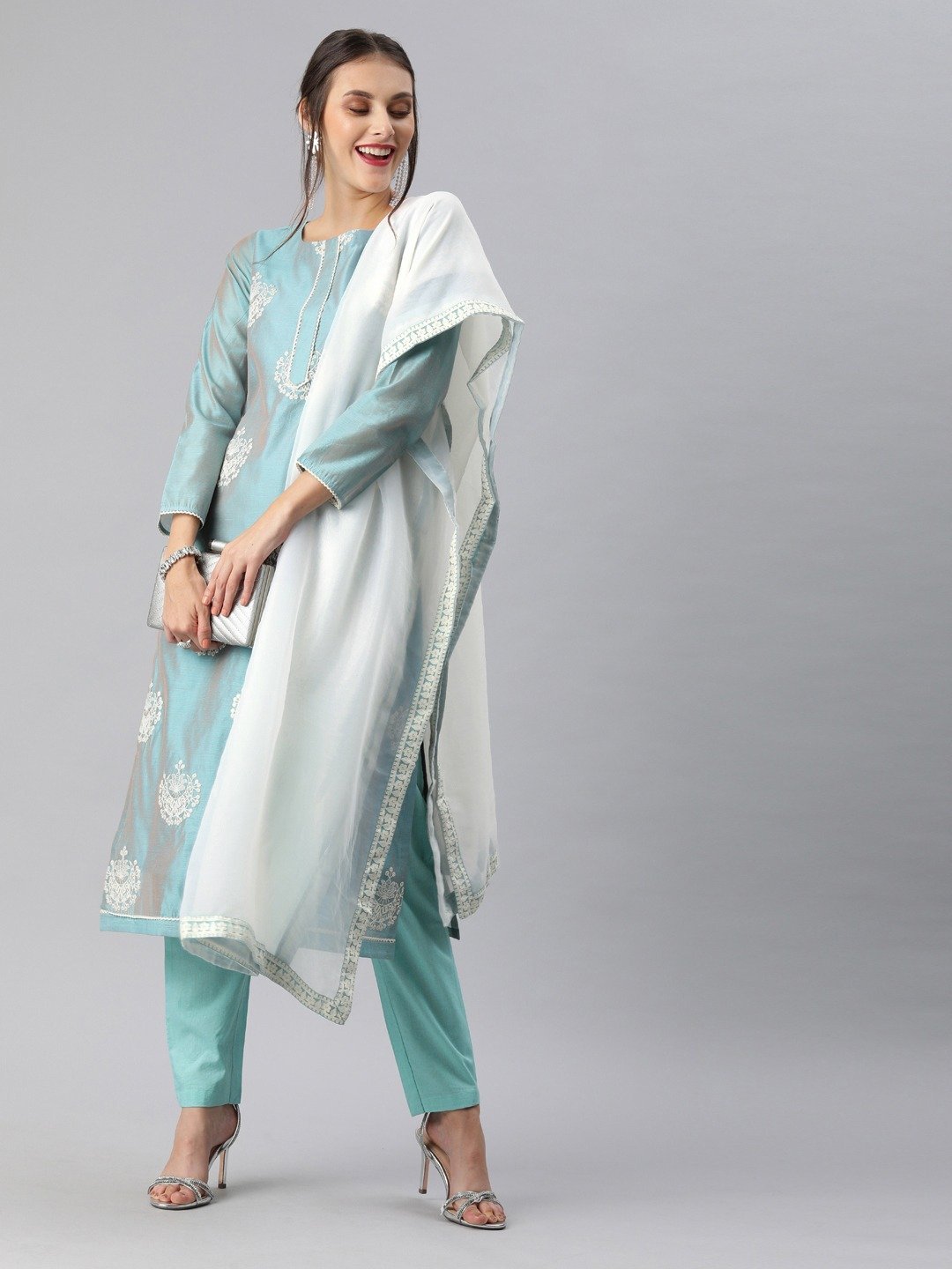 Buy Ishin Womens Silk Blend Teal Embroidered ALine Kurta Trouser Dupatta  Set Online  ISHIN FASHIONS