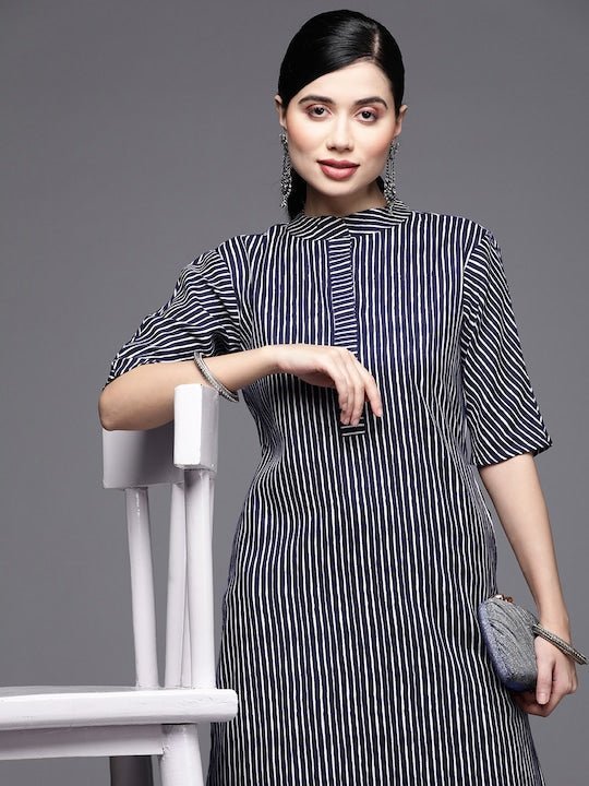 Women Blue & White Striped Pure Cotton Kurta–