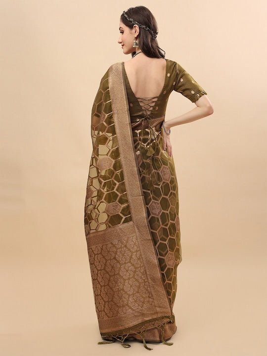 Metallic Gold Tissue Organza Silk Saree highlighted with Gold Zari Edging -  Mirra Clothing