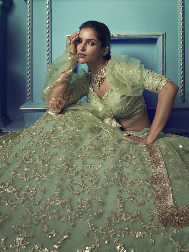 Buy Women Pastel Green Thread Embroidered Lehenga Set With Embroidered  Blouse And Dupatta - Ready To Wear Lehengas - Indya