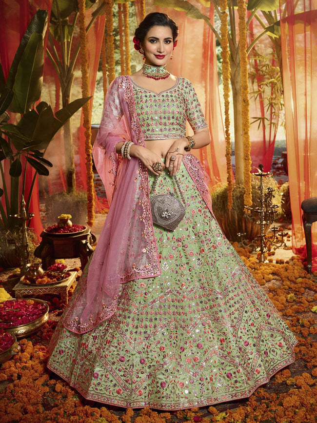 Perrot Green & Pink Ethnic Net Bridal Lehenga - Manjula Feb - 660949
