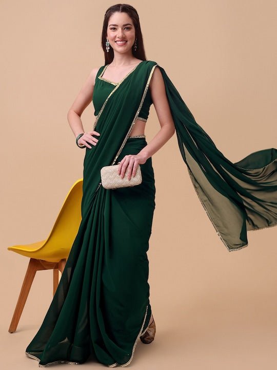 Dark Green Georgette Saree With Satin Patta – Designer Pithi