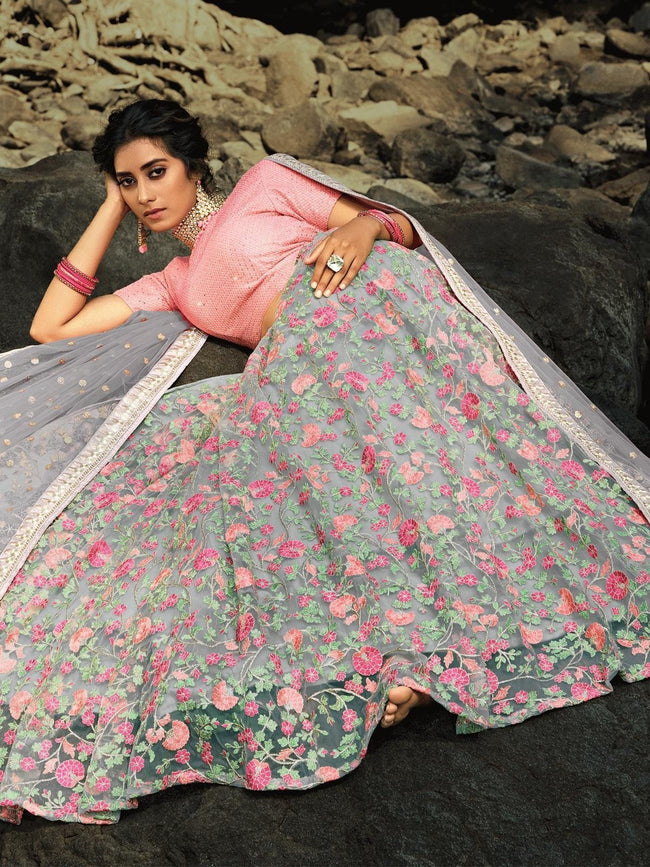 Pink and grey embroidered Lehenga choli with embellished dupatta