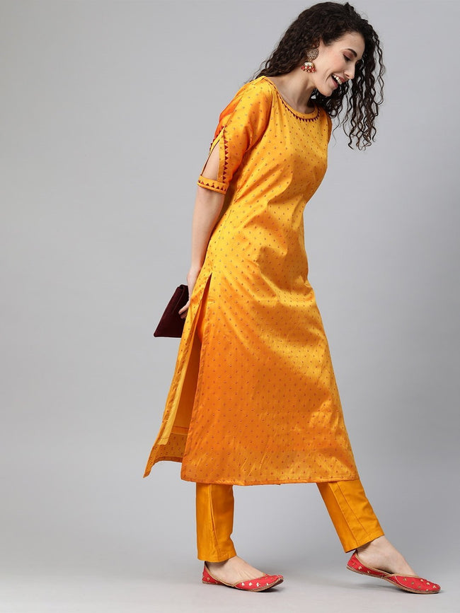 Mustard Yellow Sequinned Kurta With Trousers & Dupatta–