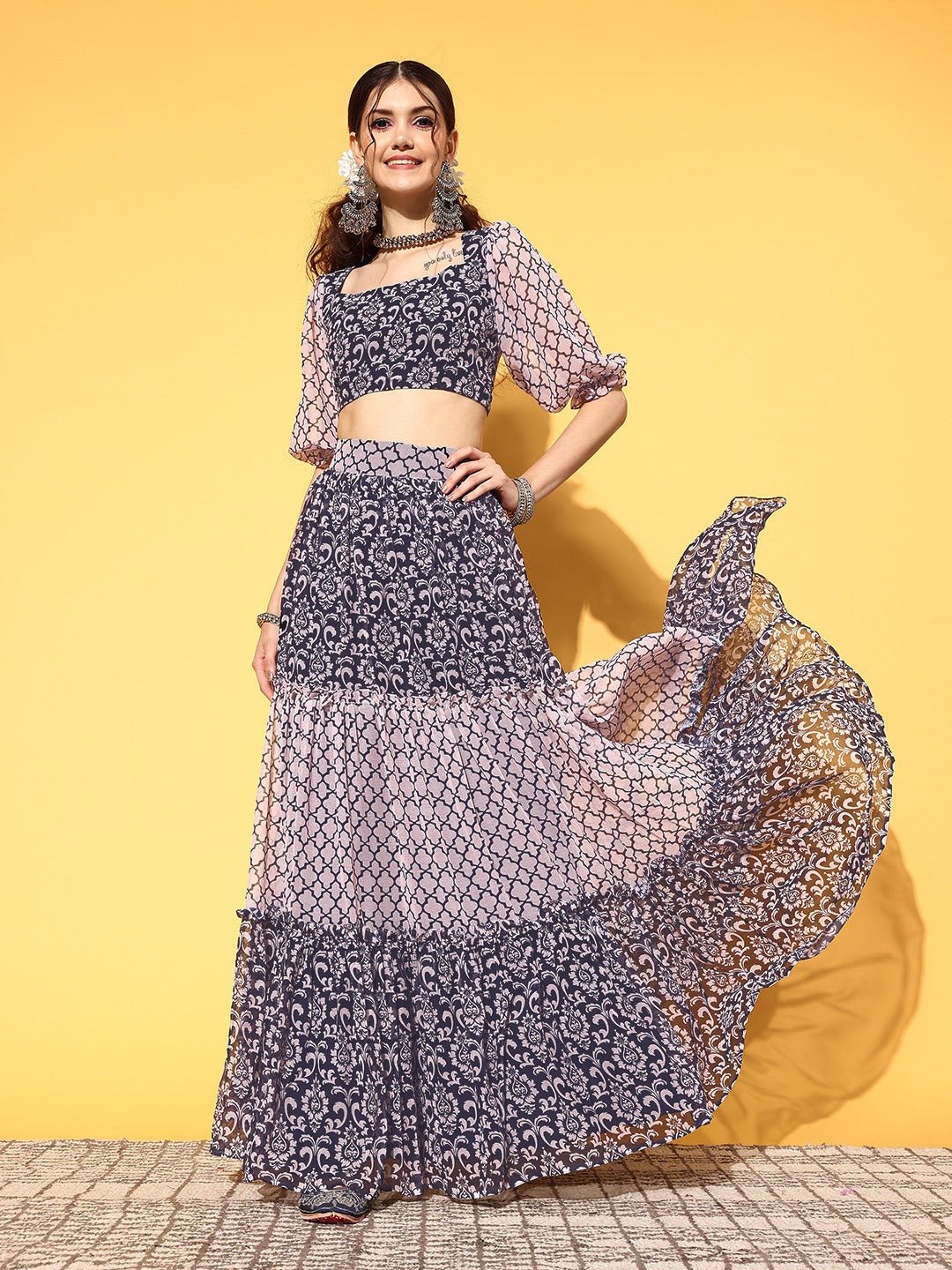 Women Navy Blue Printed Top with Skirt–