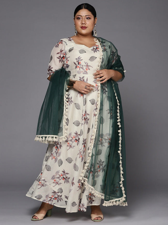Women Off White & Grey Floral Printed Plus Size Anarkali Kurta With Du–  Inddus.in