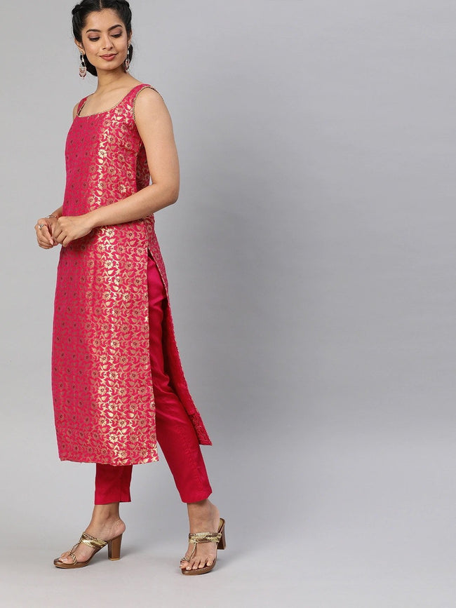 Scarlet Red Brocade Kurti With Straight Pants And Net Stone Dupatta