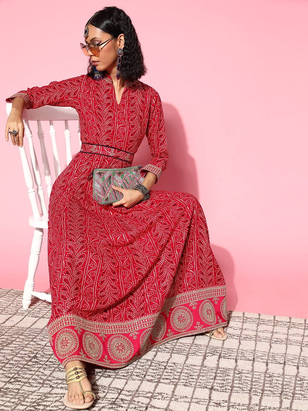 SCAKHI Pink Striped Ethnic Dress With Belt & Attached Cape