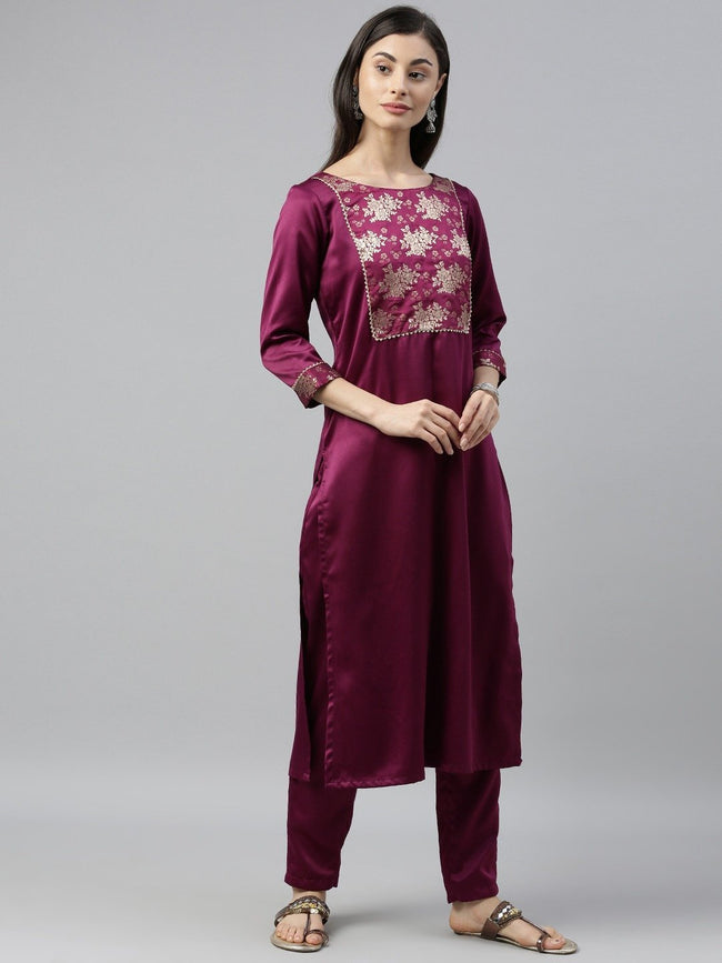 Anni Designer Women's Cotton Blend Wine Straight Embroidered Kurta with  Trouser & Dupatta