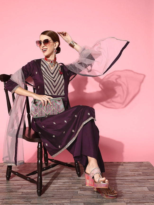 Women Woven Design Cotton Blend Ethereal Embroidery Kurta Set–