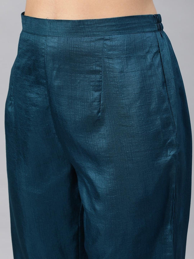 Teal Blue Satin Kurti with Black Cotton Silk Pants Kurti Set