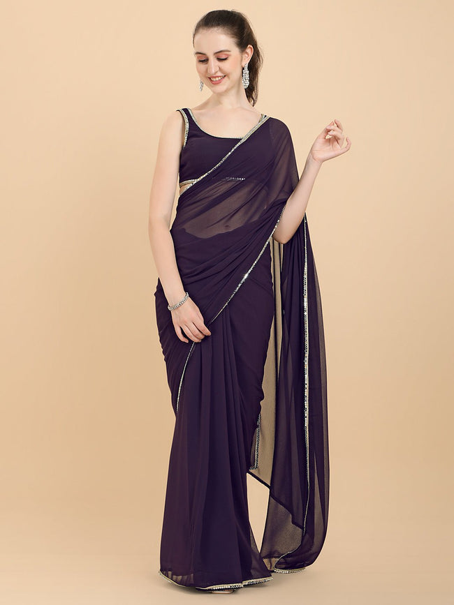 Women Wine Solid Georgette Saree with Blouse Piece–