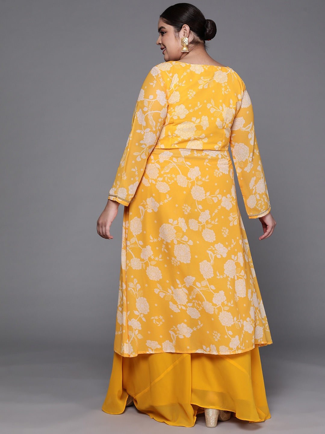 Yellow Floral Front Slit Kurti with Knotted Bells