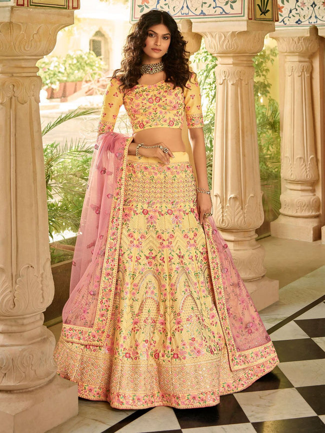 Buy Yellow and Pink Zari Work Bridal Banarasi Silk Lehenga Choli Online