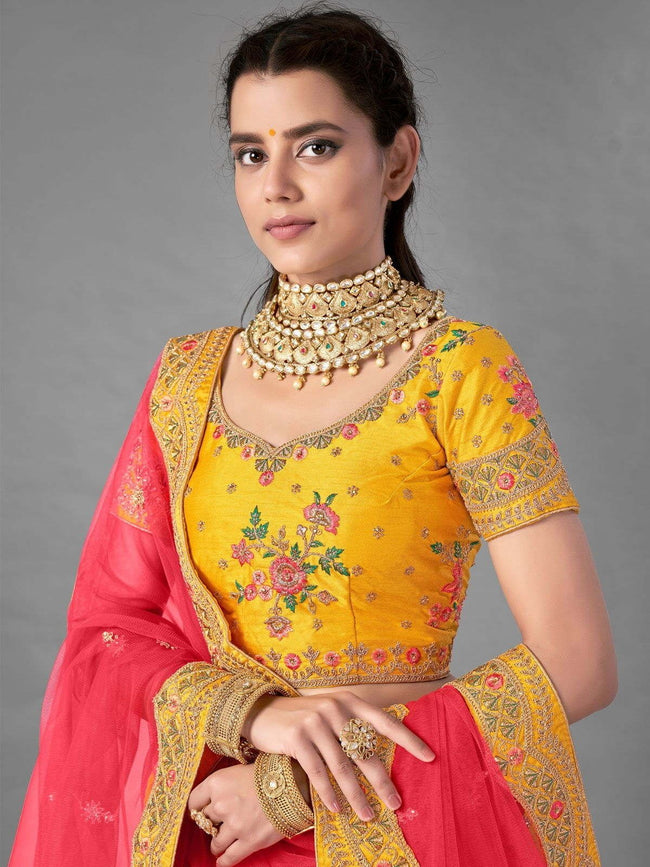 Buy Odette Mustard Embroidered Semi Stitched Lehenga with Unstitched Blouse  (Set of 3) online