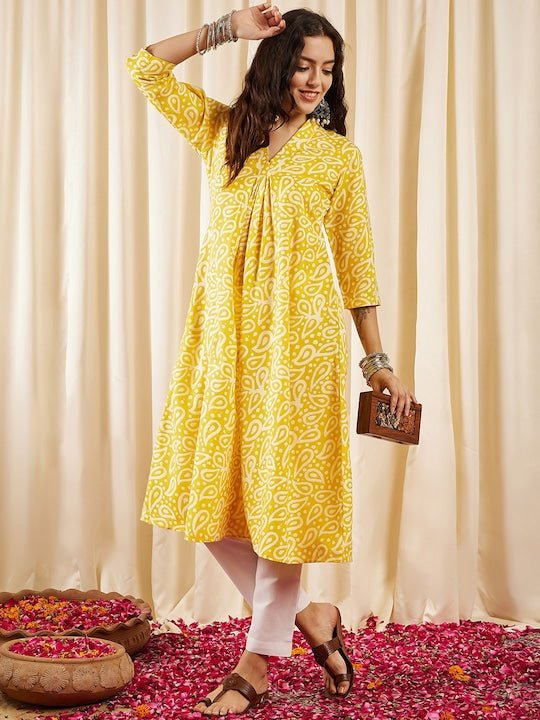 Yellow Batik Printed V Neck A Line Kurta