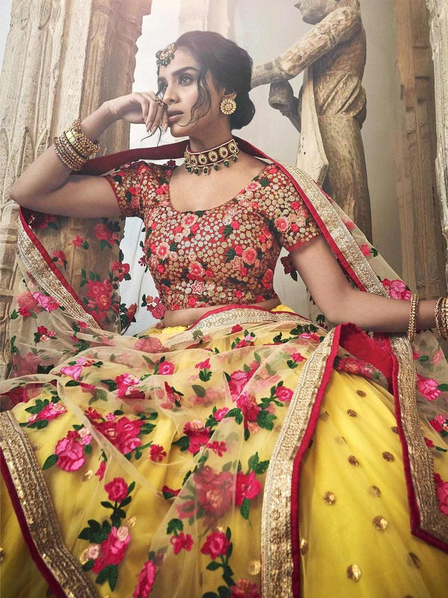 Yellow And Red Printed And Embroidered Heavy Silk Party Wear Lehenga |  Latest Kurti Designs