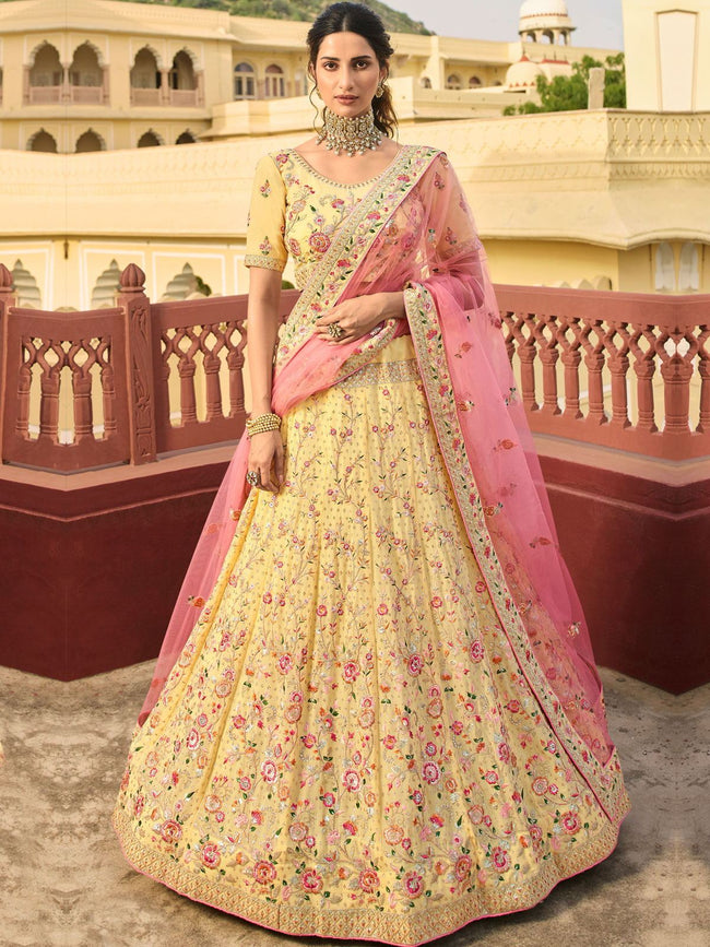 Buy Designer Yellow With Pink Color Sequence Embroidery Work Lehenga Choli  | keerramnx