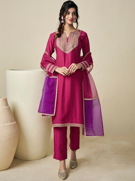 Maroon Silk Blend Yoke Design Kurta Trouser With Dupatta PKSKD1936 – Ahika